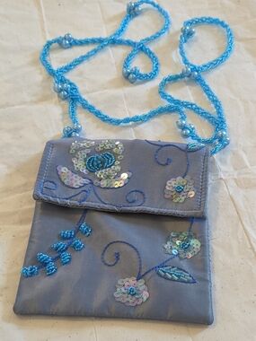 Inge Christopher Blue Beaded Satin Flap Purse